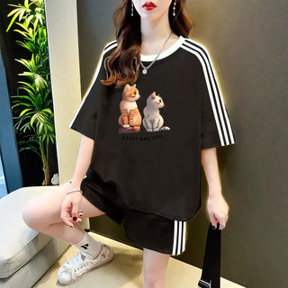 臺階貨物 韓版微胖女生夏裝運動套裝寬鬆大尺碼短袖+五分褲 女生套裝 貨物套裝 運動套裝 兩件套裝 大尺碼JC088