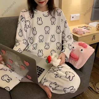 M-2XL 大尺碼套裝 外穿居家服 套裝 法蘭絨睡衣兩件套套裝 大碼睡衣 珊瑚絨套裝