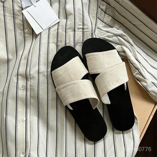 多金•Studio|韓版小眾帆布露趾懶人拖鞋女夏外穿新款一字寬帶簡約休閒平底涼拖臺灣賣家臺灣髮貨 UJJY