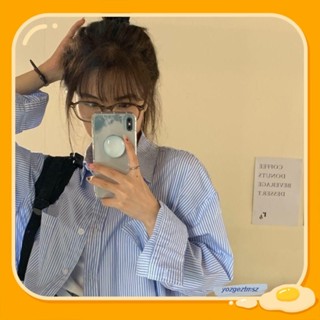 秋季長袖襯衫女男友風新款慵懶寬鬆BF風寬鬆中長款條紋百搭外套潮yozgeztmsz