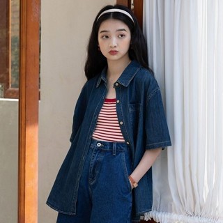 【Sweet Oversize】複古港風水洗立領牛仔襯衣襯衫女夏季新款寬鬆休閒藍色外套上衣潮