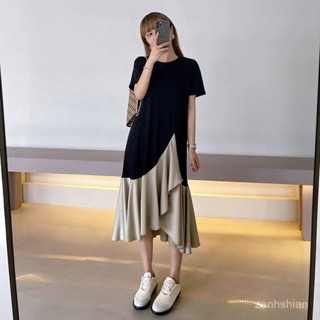 大尺碼洋裝 夏季洋裝 假兩件拼接不規則過膝T恤長裙 大碼女裝 韓國女裝 胖MM150KG可穿 寬鬆遮肚 長款連衣裙 女裝