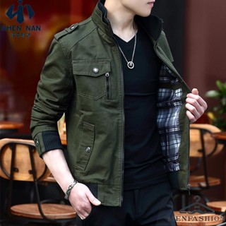 新款男士夾克韓版潮流立領春秋季加厚牛仔工裝純棉外套上衣服👔深男服飾👔