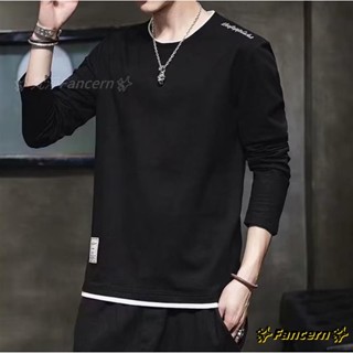 ✨Fancern✨ 臺灣出貨 長袖T恤男士秋季上衣打底衫假兩件灰色體恤潮流休閒T秋衣男（LEJ802）507