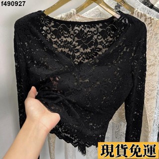 🌷臺灣限時低價🌷 v領蕾絲打底衫女新款內搭長袖低領紗衣黑色小衫短款網紗上衣衣長袖上衣 女裝 衣服 寬鬆上衣 顯瘦上衣
