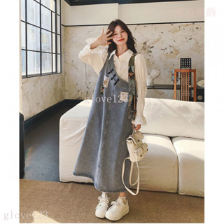 🌷臺灣出貨🌷Glove 文藝提花 牛仔背帶裙 套裝女 2025春夏新款 設計感 減齡襯衫長裙兩件套長裙 洋裝 連身裙