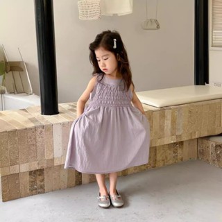 💕洋洋兒童店💕 女童夏季洋裝 兒童連衣裙 韓國女童純色無袖連衣裙夏季新款兒童寶寶甜美高階感中長裙 女童連衣裙 女童裙子