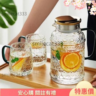精品特賣 複古海棠花玻璃水壺 冷水壺玻璃水杯組 耐高溫傢用大容量泡茶壺 涼水壺 茶壺