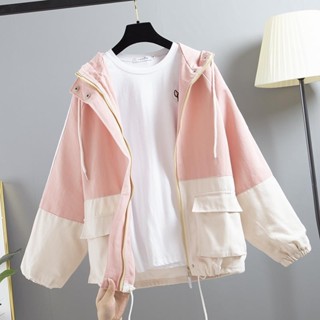 免運💖春秋新款韓版寬鬆大尺碼BF學生ins原宿連帽工裝風衣外套女棒球服潮