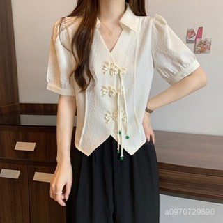 🔥48H出貨 古風刺繡棉麻襯衫女 國風文藝復古改良上衣 夏季禪意寬鬆茶服短袖 大碼胖mm新中式複古洋氣襯衫女夏短款上衣
