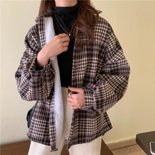 Luzi🎀S-3XL 大尺碼襯衫 長袖襯衣女生 格子襯衫外套女 秋冬新款設計感小眾長袖上衣刷毛加厚百搭毛呢外套