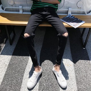 膝蓋破洞 簡約 黑色小腳牛仔褲 韓版修身牛仔褲 黑色牛仔褲男膝蓋破洞修身小腳韓版潮流一字颳爛彈力乞丐長褲