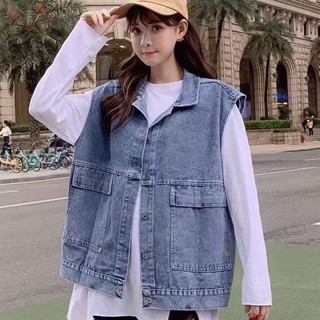 Luzi🎀大尺碼 M-3XL 牛仔外套 大尺碼馬甲女春裝新款百搭牛仔馬甲BF潮寬鬆韓版原宿風無袖外套上衣