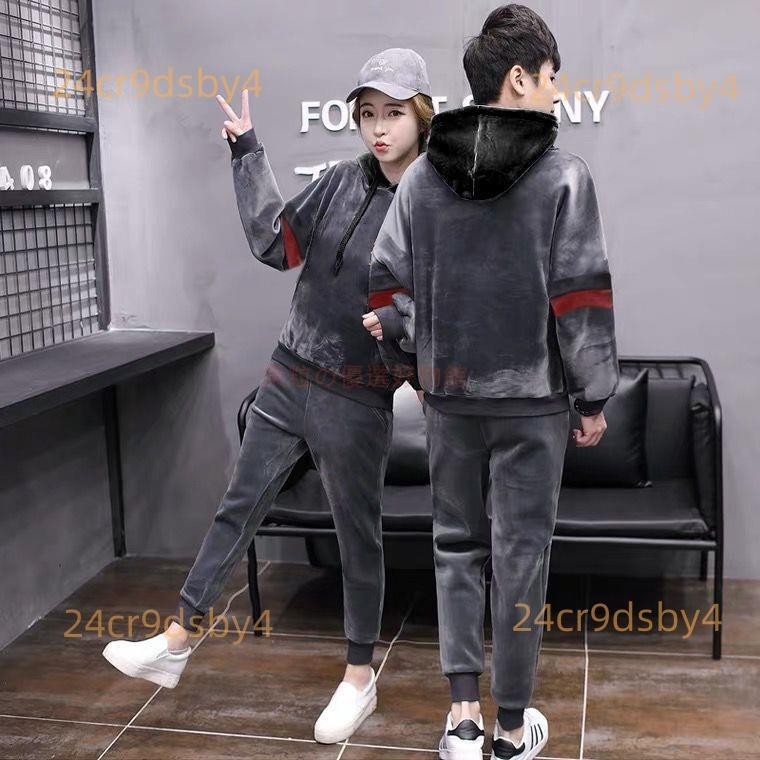 樂寳#保暖套裝 單/套裝時尚金絲絨衛衣套裝時尚男加絨加厚韓版運動套情侶連帽衣服秋冬季