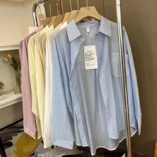 長袖襯衫 防曬襯衫 女生襯衫 韓版襯衫 薄襯衫 夏季襯衫 休閒襯衫 韓係慵懶風防曬襯衫女薄外搭開衫襯衣夏季遮肉寬鬆上衣