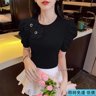 免運💖女短袖T恤夏季新款設計感小眾圓領立體花朵可愛青春別緻上衣