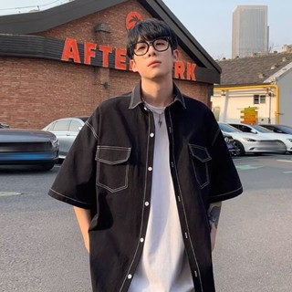 港風chic明線工裝短袖襯衫男 韓版 潮流 帥氣襯衣青少年休閒短袖工裝 薄款外套 襯衫男（JH563）【壹號站】