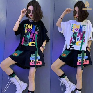 時尚運動套裝女夏季寬鬆印花字母割破洞上衣短褲休閒兩件套裝【Crown】N1