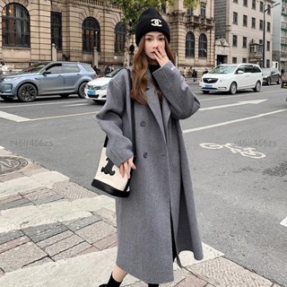M-4XL 韓版赫本風毛呢外套女 中長款風衣外套 大衣 秋天女裝 大尺碼女裝 上班通勤穿搭 寬鬆顯瘦外套 紅1