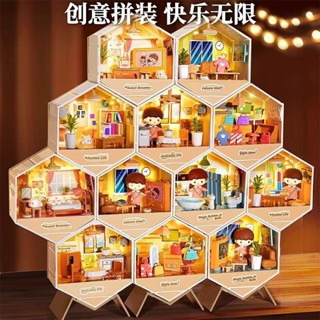 臺灣 出貨 袖珍屋【氛圍燈光美】兒童過家家diy拚裝手工小屋模型場景迷你房子男女孩3-6嵗玩具禮物
