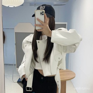 臺灣出貨【店鋪熱銷】韓國chic春秋港風複古西裝領大口袋係帶收腰短款機車PU皮衣外套女 ZNGZ