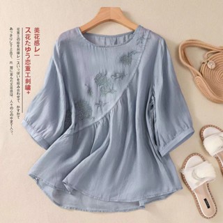 【雲裳集精品女裝】新款襯衫T恤女 夏季純色新款文藝複古刺繡棉麻小衫女 寬鬆圓領套頭上衣女 複古襯衣女 複古襯衫女 刺綉上