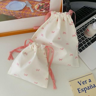 🎈臺灣出貨💫甜美蝴蝶結印花收納包 宿舍可愛抽繩包 可愛學生便攜旅行數位雜物收納袋 女生衛生棉收納包