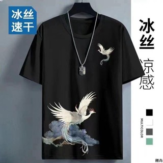冰絲 短袖 t恤 t恤男 中國風夏季國潮圓領半袖薄款速幹男士上衣運動體恤 短袖男 上衣 男生短袖 上衣男 短袖上衣