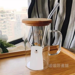 600ml大容量馬克杯 ins透明玻璃杯 可愛帶把手馬克杯附蓋 喝水泡茶杯 卡通 耐熱 隔熱水杯 咖啡杯 果汁杯 牛奶杯