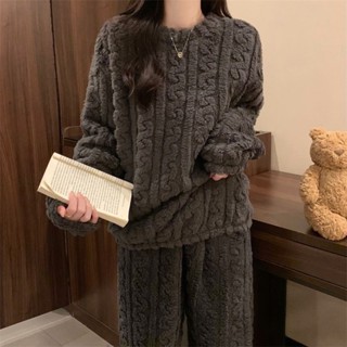 🍓臺灣熱銷🍓珊瑚絨睡衣女生 加絨加厚家居服套裝 長袖+長褲兩件套 純色提花睡衣 簡約基礎款 冬天女裝 秋冬女裝