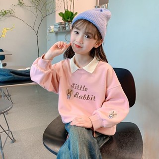 【限時購】中大童女童Polo衫翻領衛衣 棉質寬鬆上衣 學院風兔子刺繡 休閒長袖外套 春秋款