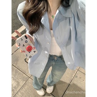 已售999+高階感藍色POLO領長袖襯衫外套女秋季寬鬆休閒開衫襯衣中長款上衣 JS4L