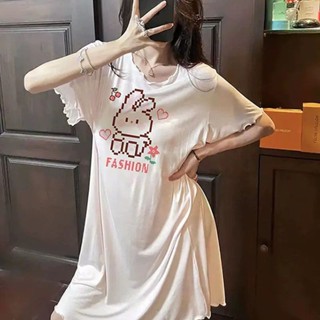 美樂小鋪 冰絲睡衣 女生睡衣 居家服 睡衣女 居家睡衣 睡衣 冰絲夏天柔軟日係睡裙短袖大碼卡通甜美小熊圓領睡衣孕𡠹薄款