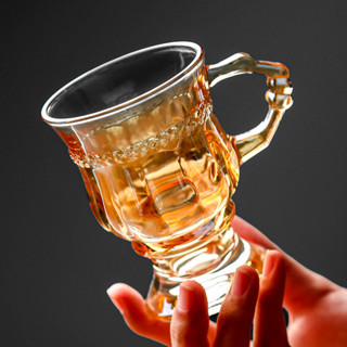 【全網最低價 免運】ins複古歐式水杯茶杯家用奶茶杯琥珀色玻璃杯帶把手酒杯咖啡杯子 咖啡拉花杯 咖啡杯 拉花杯