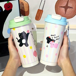 【日韓熱銷】500ml創意卡通不銹鋼316保溫瓶帶吸管防漏咖啡茶冷飲保溫瓶學生不倒翁批發