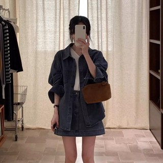 Luxi❤【Sweet Oversize】秋季搭配一整套女新款複古風牛仔長袖襯衫上衣高腰半身短裙兩件套