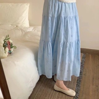 【盛奚葭瞭瞭】軟綿舒適半身裙 純棉麵料透氣夏小個子刺繡鏤空鈎花蕾絲半身裙A字超僊白色 高腰顯瘦 休閒百搭 女裝半身長裙