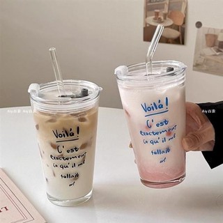 ✨限時搶購☜桃園出貨✨ins風法文字母大容量玻璃杯咖啡杯帶蓋高顏值水杯家用玻璃吸管杯