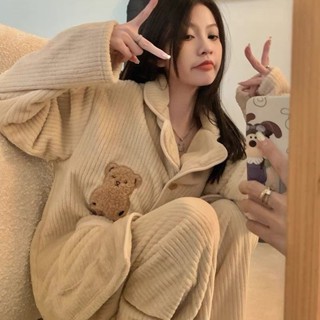 免運出貨👗秋冬睡衣 韓版可愛小熊寶珊瑚絨睡衣女秋冬季刷毛加厚法蘭絨保暖學生家居服套裝