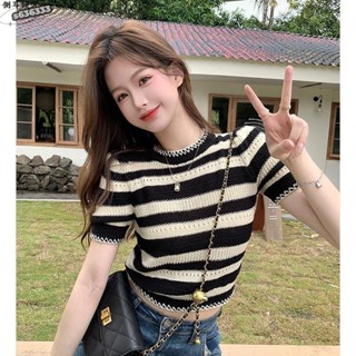 年輕時尚流行可愛甜辣妹黑白條紋正肩短袖T恤女夏鏤空小眾針織衫高腰性感短款上衣網紅新款夏季s636333