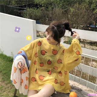 ✨臺灣出貨✨好評夏季韓版寬松冰絲針織T恤女上衣ins橘子印花學生薄款防曬衫空調服