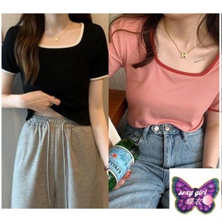 ☀全店免運☀【7色可選】M-4XL 大尺碼上衣 大尺碼女裝 方領上衣 大碼拼色露鎖骨U領短袖T恤女夏季顯瘦上衣大尺碼jh