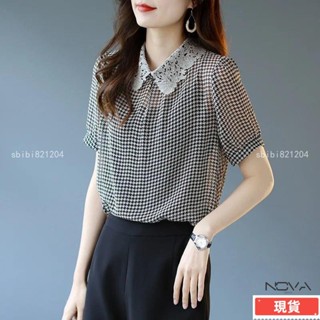 襯衫女 大尺碼女裝 上衣女 千鳥格蕾絲拼接雪紡衫 格子上衣 短袖襯衫 顯瘦上衣女 Polo衫 韓版上衣-Nova