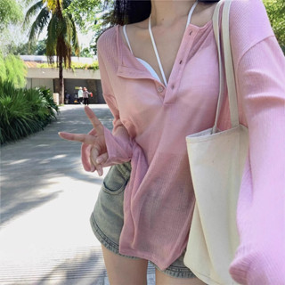 【Smile旗艦】慵懶風氣質v領長袖T恤女夏季設計感小眾薄款寬鬆休閒防曬罩衫上衣