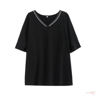 【2XL-8XL大尺碼】💕短袖t恤 大尺碼上衣 短袖上衣2-300斤V領大碼女裝夏季短袖胖mm寬鬆顯瘦遮肚子潮刺繡荷葉