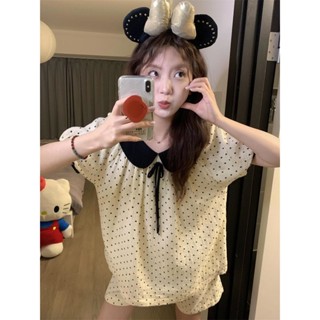 🔥臺灣出貨🔥MIJIU✨韓版ins簡約風圓點睡衣女夏季新款短袖寬松開衫家居服套裝可外穿
