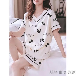 [塔塔·販賣美麗、新品促銷]夏天女甜美家居服套裝睡衣女士夏季不是純棉短袖短褲大尺碼套睡衣大尺碼睡衣短褲短袖家居服居家服短