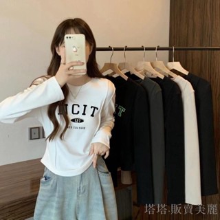 [塔塔·販賣美麗、新品促銷]3933YE長袖上衣女 不規則打底衫 大尺碼T恤 字母上衣 緊身上衣 辣妹上衣 長袖T恤 修