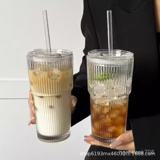 ins風玻璃吸管杯高顔值豎紋吸管玻璃杯大容量果汁飲料咖啡水杯【hkhk】