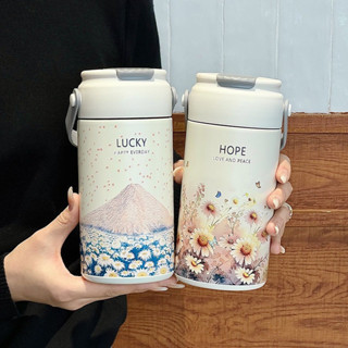【免運】750ml/550ml時尚花朵不鏽鋼316保溫瓶帶吸管和過濾器成人學生咖啡茶冷飲保溫瓶旅行不倒翁